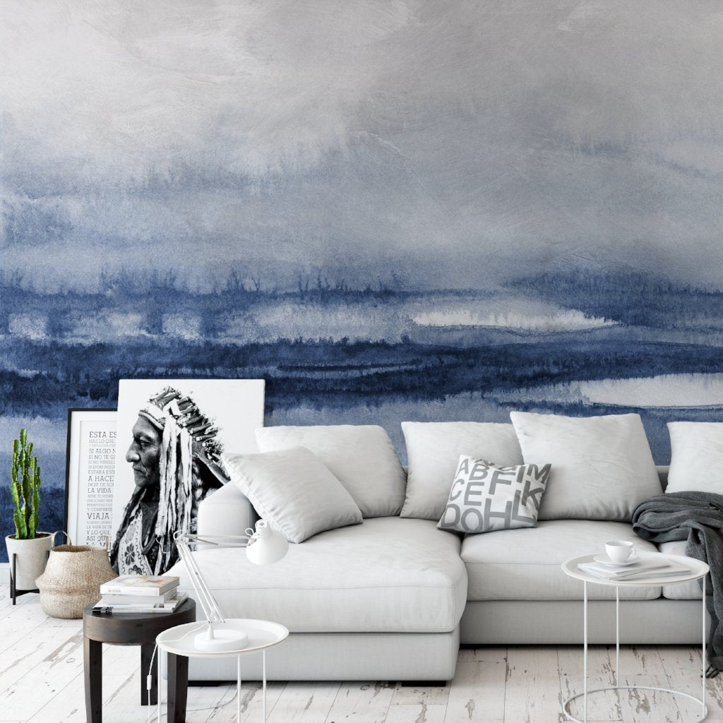 Big Abstract Painting Digital Wall Art Blue Indigo Landscape