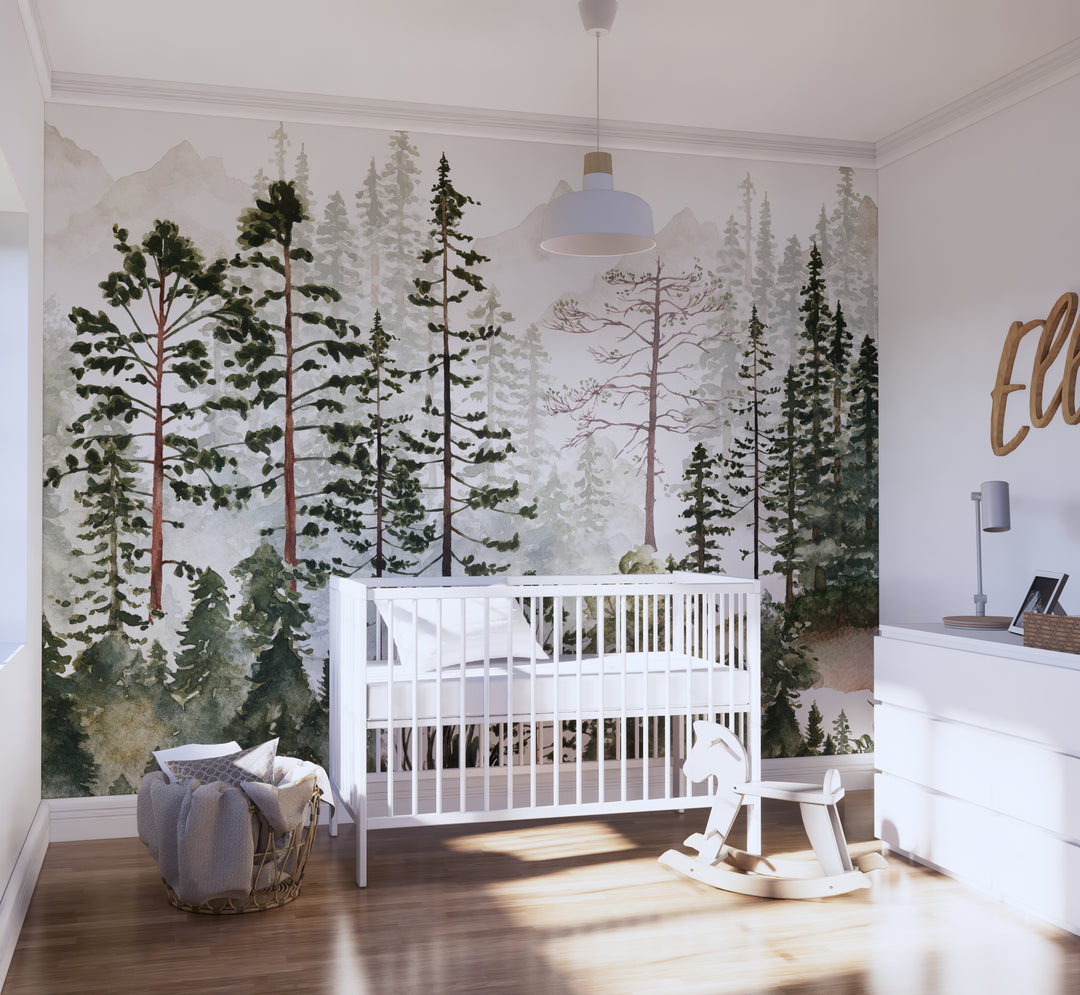 Foggy Pine Tree Forest Mural | Woodland Boys Kids Nursery Wallpaper