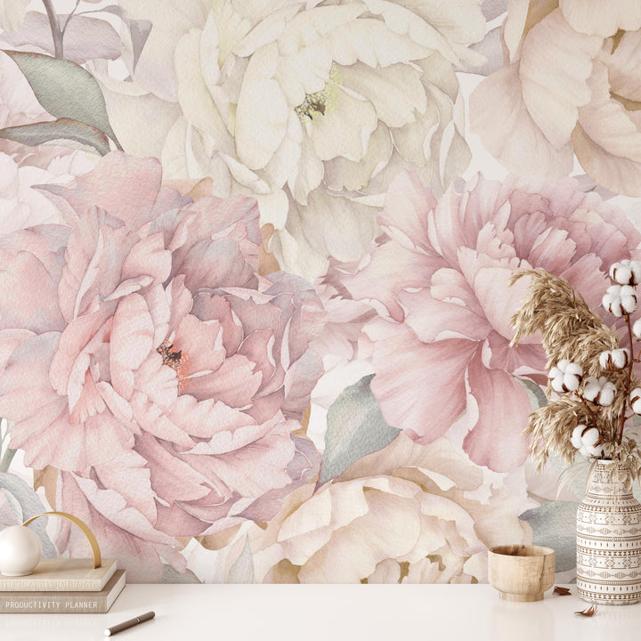 Muted Blush Watercolor Peony Garden Mural | Large Scale Floral Girl Nursery Wallpaper