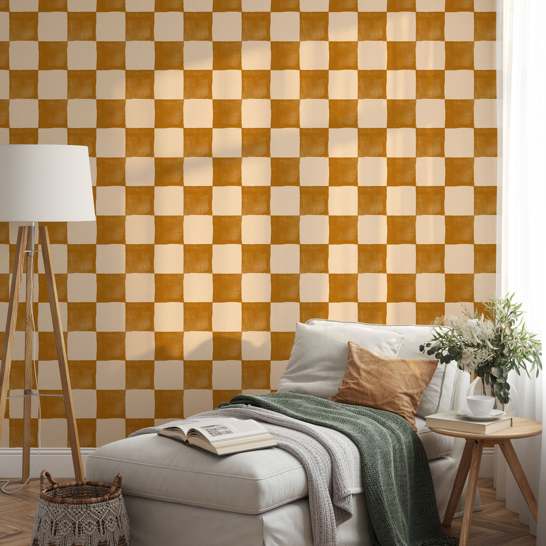 Boho Golden Checkered Wallpaper