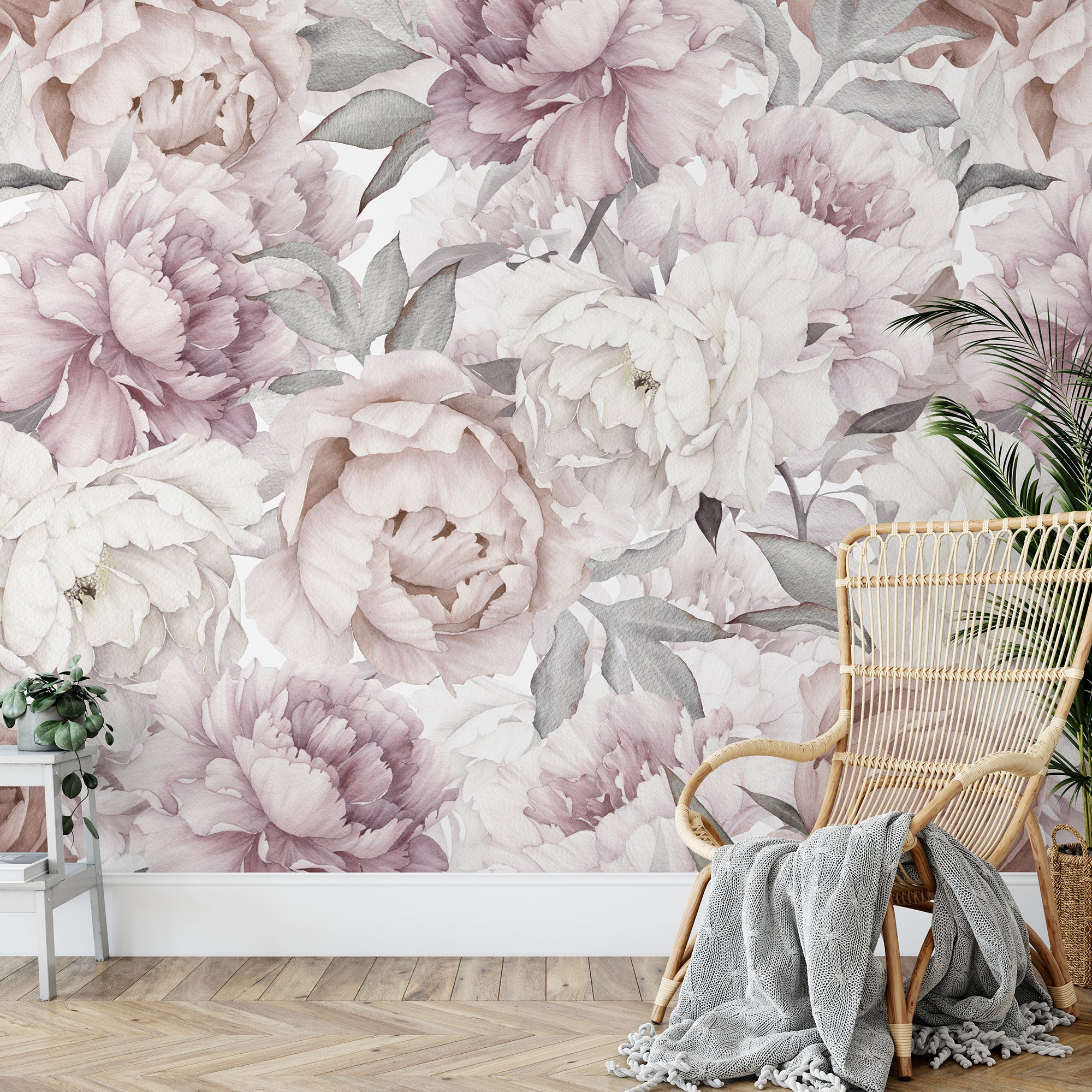 Muted Watercolor Peony Bouquet | Peel and Stick Wallpaper – Koko Art Shop