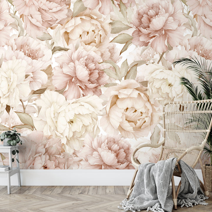 Boho Blush Watercolor Peony Bouquet Mural | Large Scale Floral Girl Nursery Wallpaper