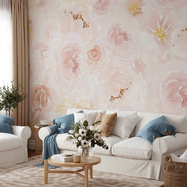 Soft Blush Watercolor Peony Mural