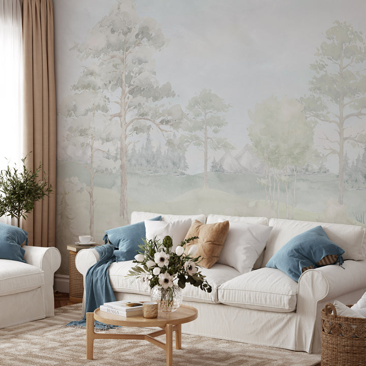 Barrington Mist Pastel Watercolor Mural | Elegant Landscape Valley Boys Girls Kids Nursery Wallpaper