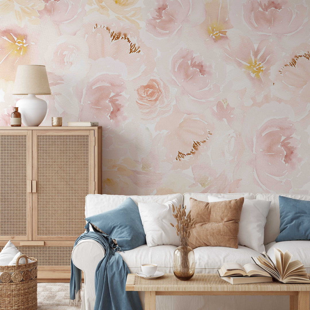 Soft Blush Watercolor Peony Mural