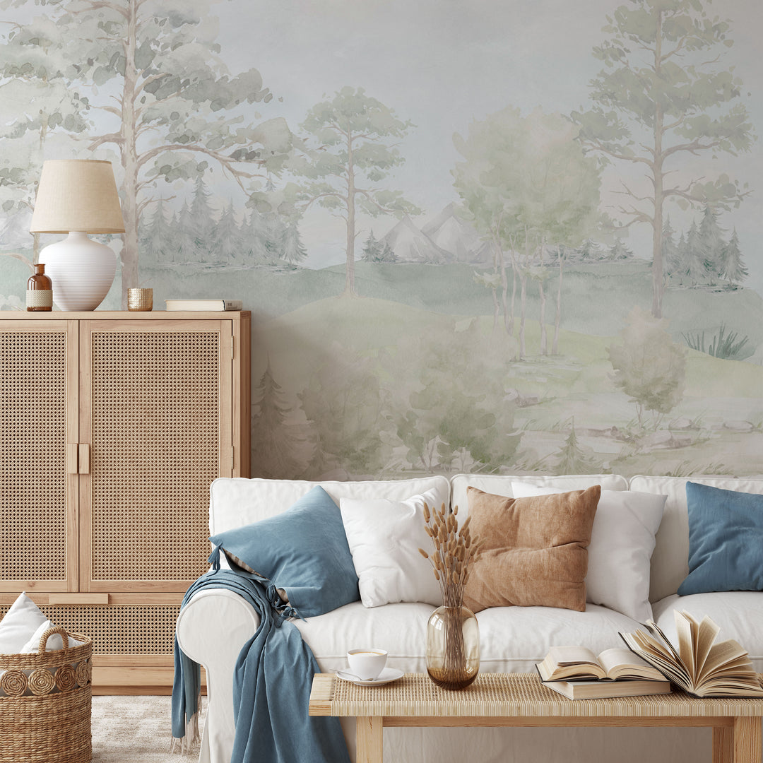 Barrington Mist Pastel Watercolor Mural | Elegant Landscape Valley Boys Girls Kids Nursery Wallpaper