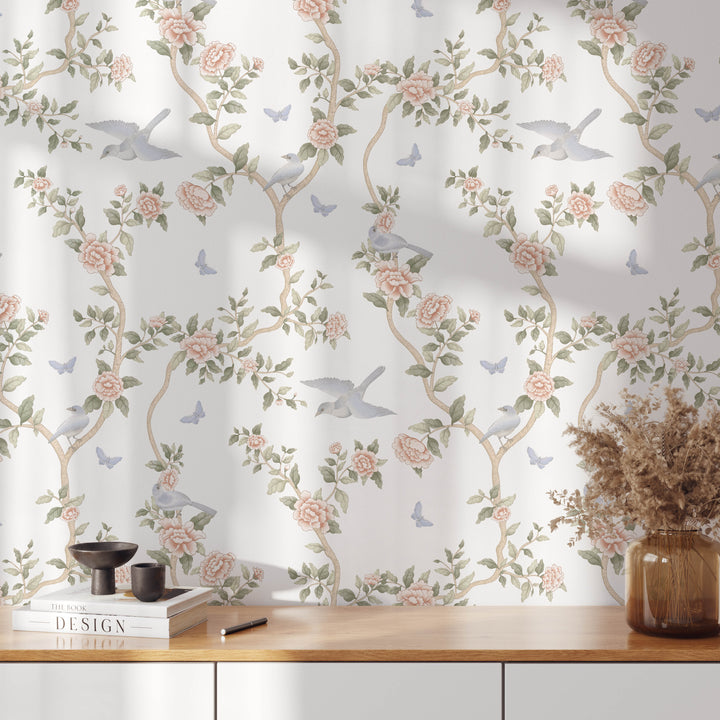 Le Tariche Chinoiserie Mural in Pastels and White | Floral Elegant Girl Nursery Wallpaper