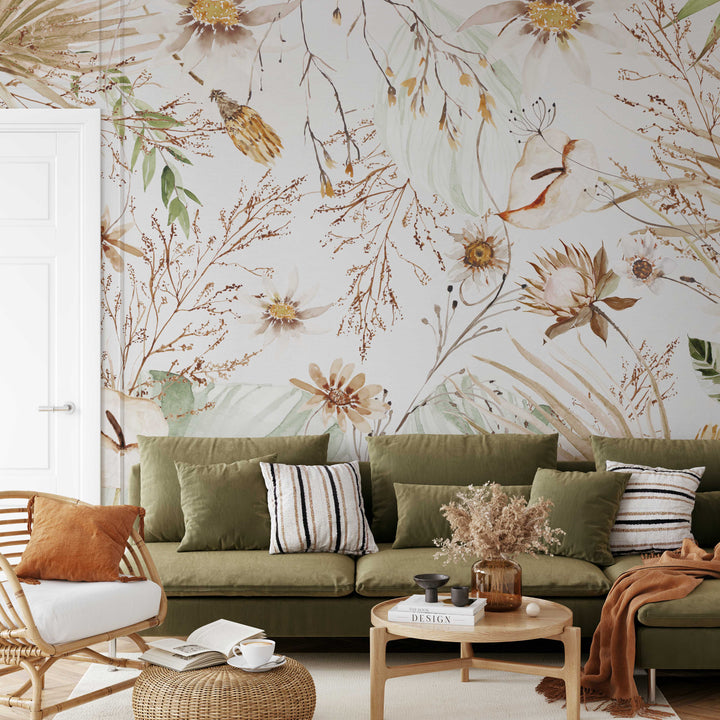 Boho Spring Mural | Delicate Boho Floral Girl Nursery Wallpaper