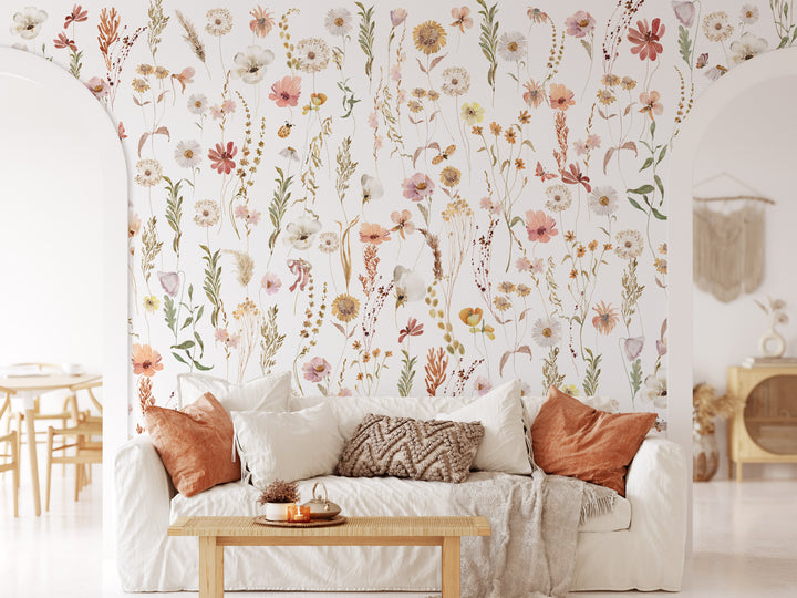 Watercolor Soft Wild Flowers Wallpaper Mural | Delicate Boho Floral Girl Nursery Wallpaper