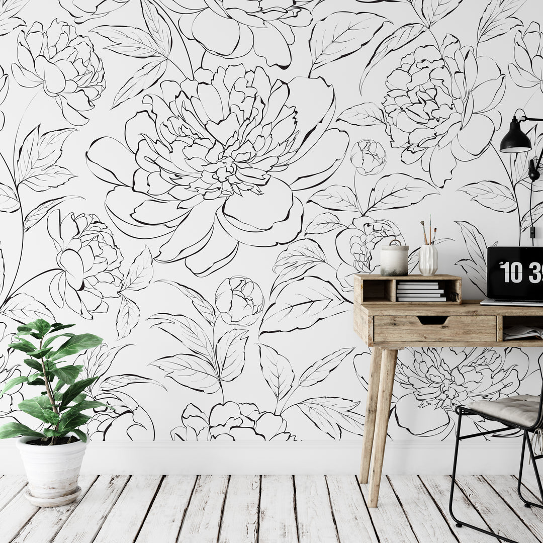 The Minimalist Peony Mural | Delicate Boho Floral Girl Nursery Wallpaper