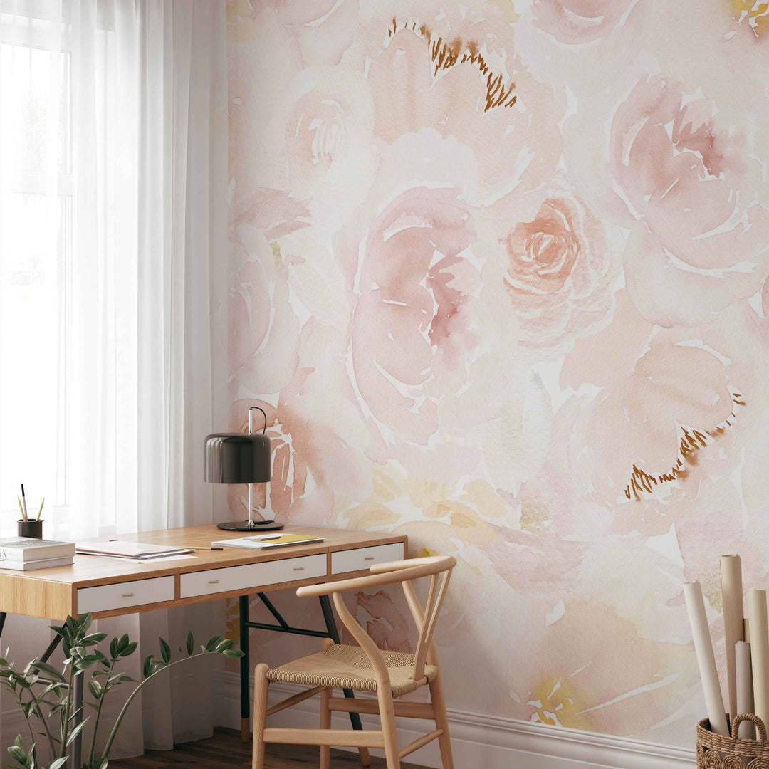 Soft Blush Watercolor Peony Mural