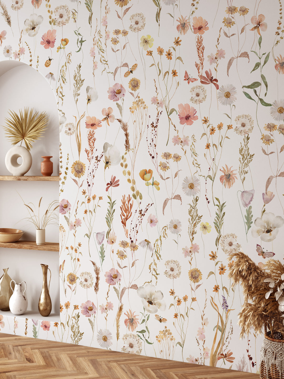 Watercolor Soft Wild Flowers Wallpaper Mural | Delicate Boho Floral Girl Nursery Wallpaper