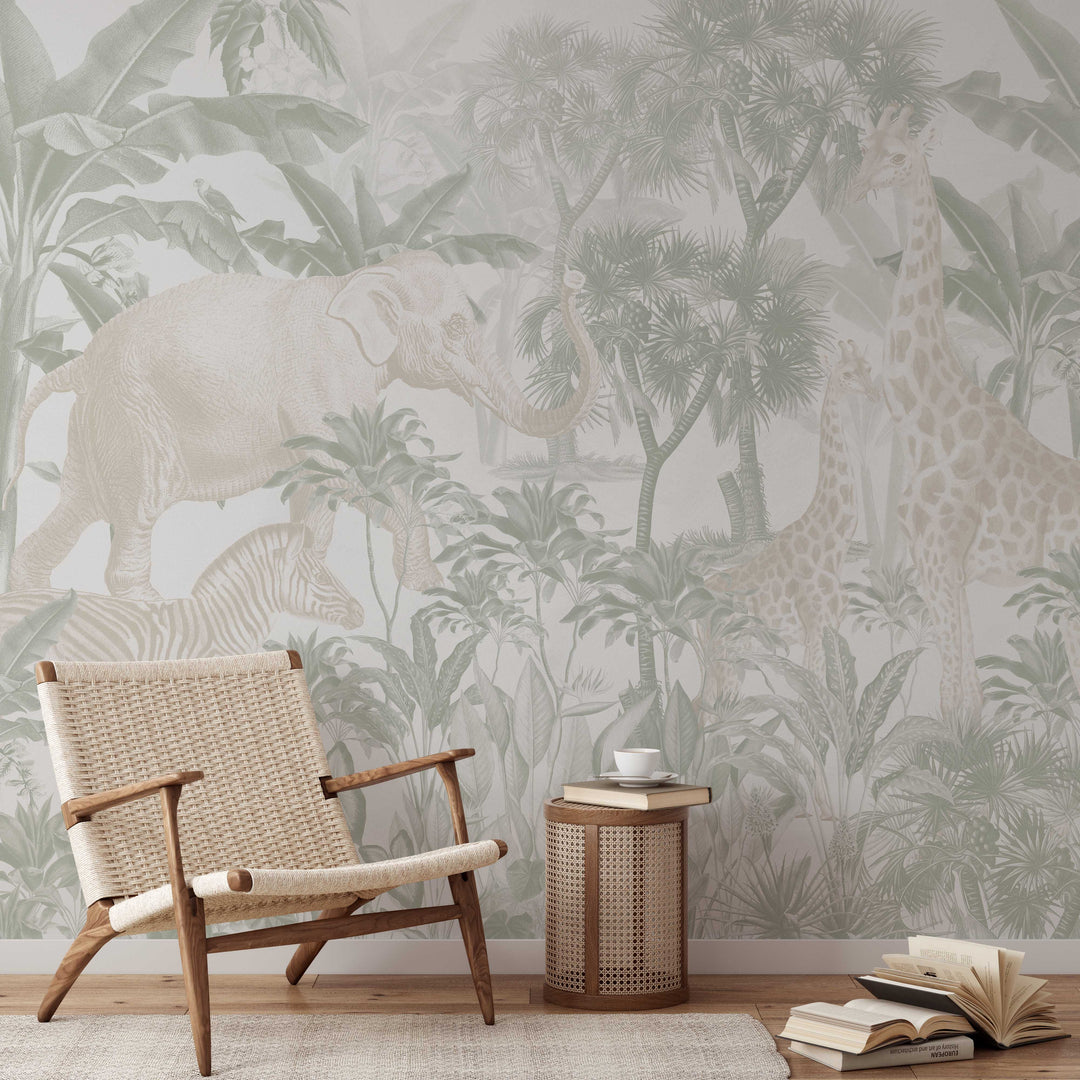 Antique African Jungle Mural in Sage and Cream