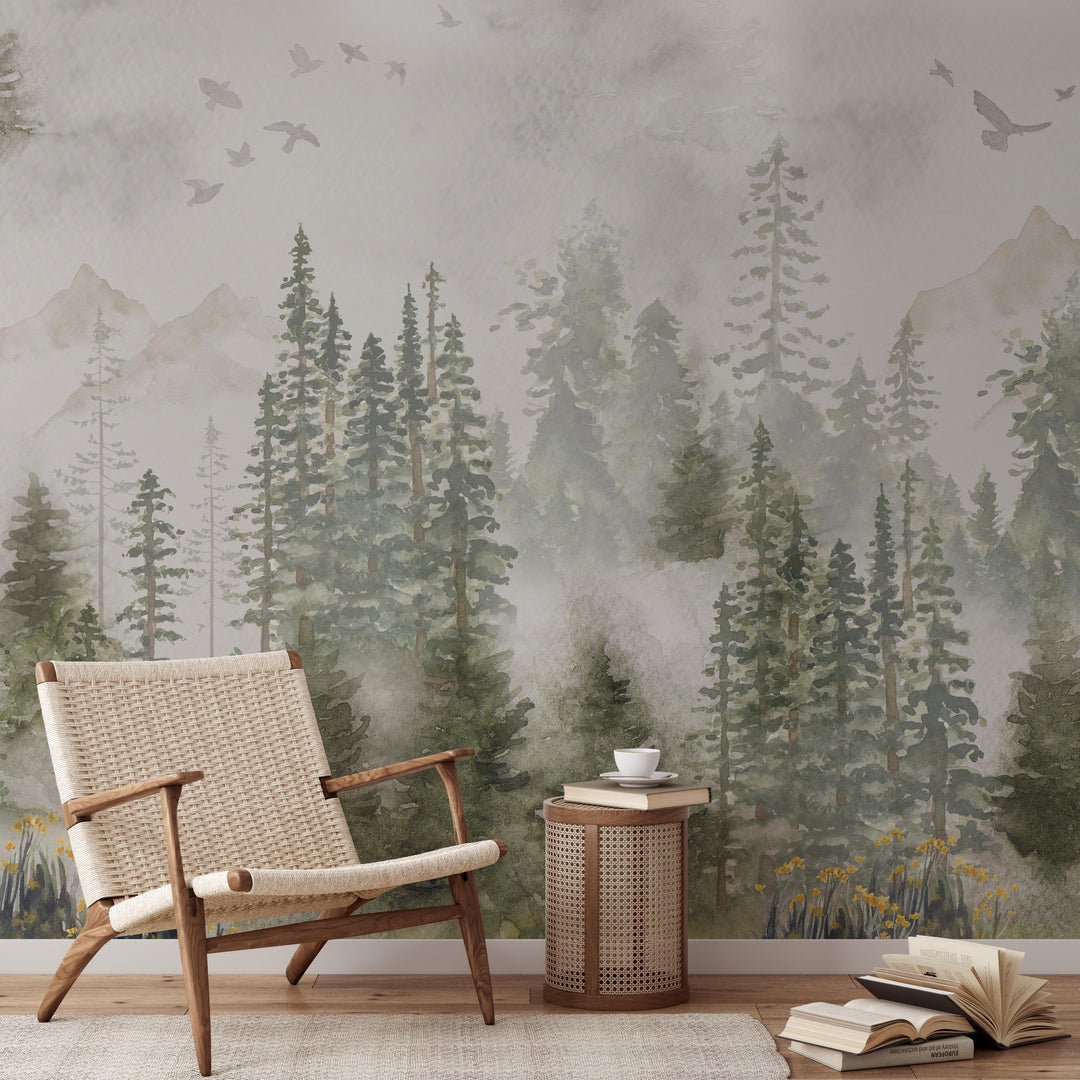 Winter Forest Mural | Woodland Pines Boys Kids Nursery Wallpaper