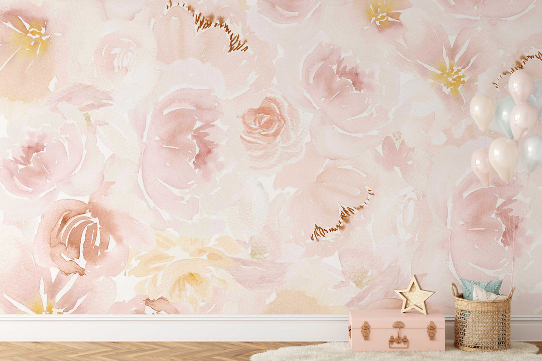 Soft Blush Watercolor Peony Mural