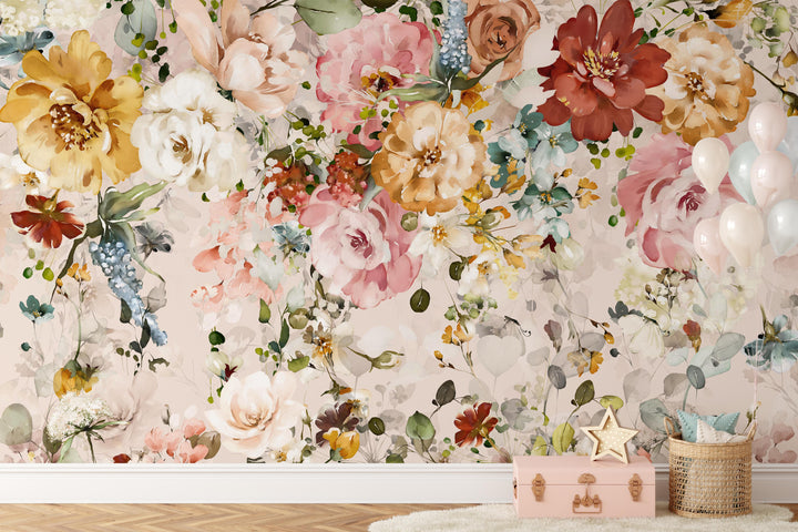 Wild Garden Floral Mural | Large Scale Floral Bouquet Girl Nursery Wallpaper