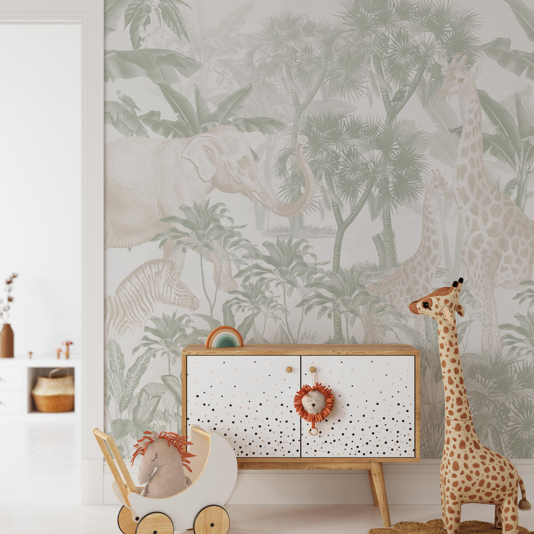 Antique African Jungle Mural in Sage and Cream