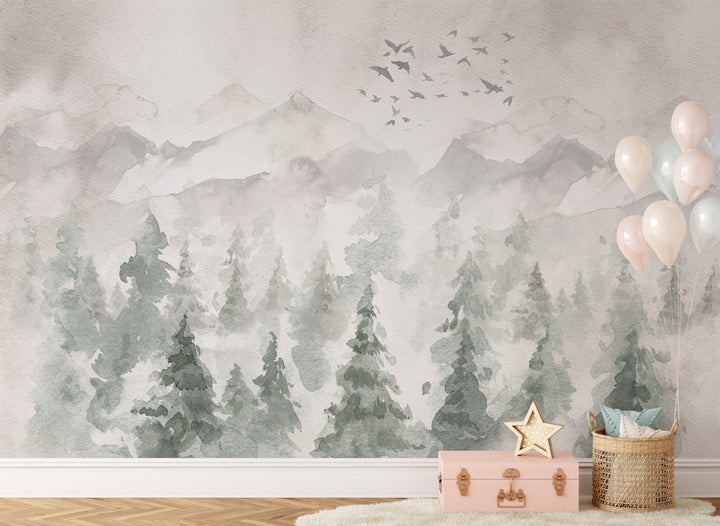 Watercolor Landscape Mural | Woodland Pines Forest Boys Girls Kids Nursery Wallpaper