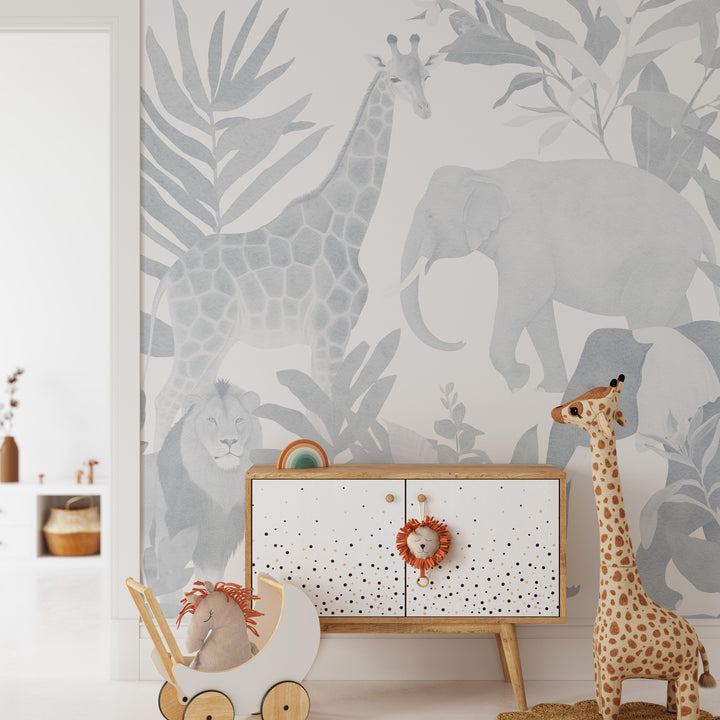 Safari in Blue Mural - Minimal Nursery Wallpaper, African Jungle Animals for Boys Light Indigo and White