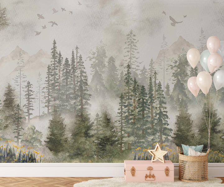 Winter Forest Mural | Woodland Pines Boys Kids Nursery Wallpaper