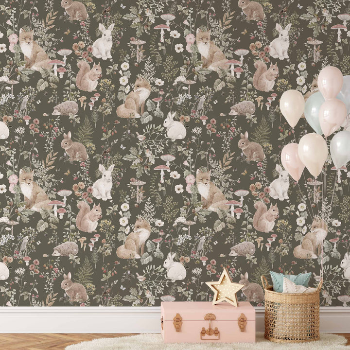 Forest Babies Mural  in Dark Olive