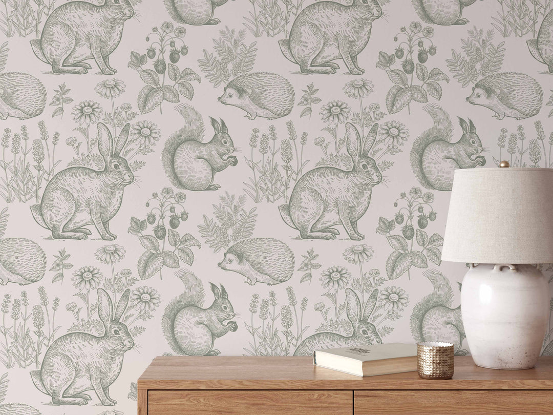 Whimsy Critters Wallpaper in Sage