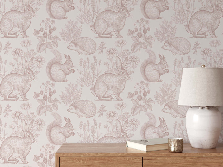 Whimsy Critters Wallpaper in Pink - Vintage Forest Animals