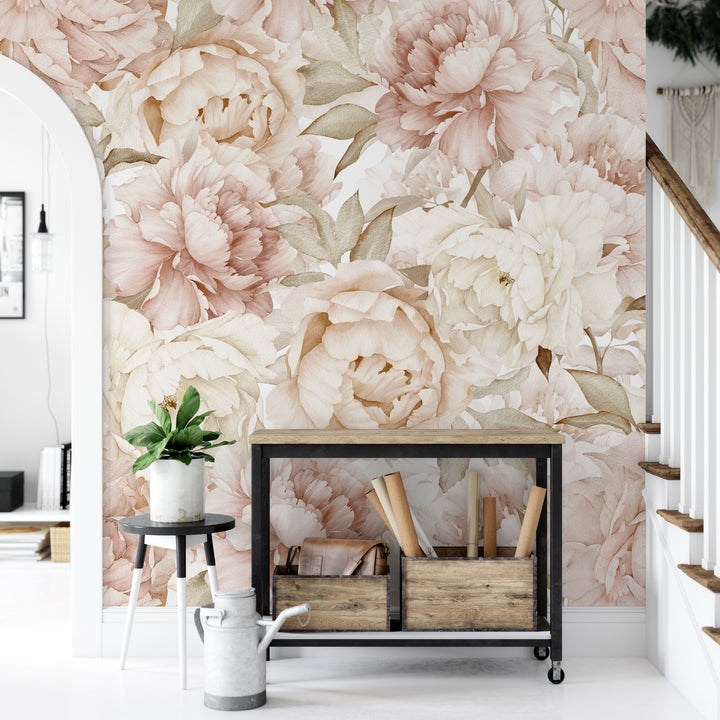 Boho Blush Watercolor Peony Bouquet Mural | Large Scale Floral Girl Nursery Wallpaper