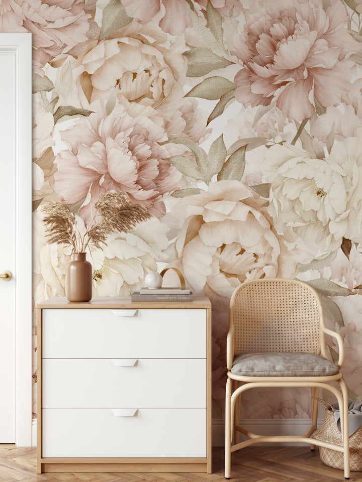 Boho Blush Watercolor Peony Bouquet Mural | Large Scale Floral Girl Nursery Wallpaper