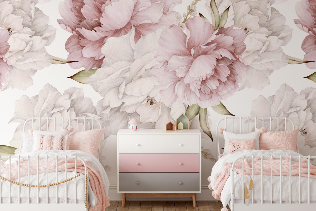 Sweet Pinky Peony Bouquet Mural | Large Scale Floral Bouquet Girl Nursery Wallpaper