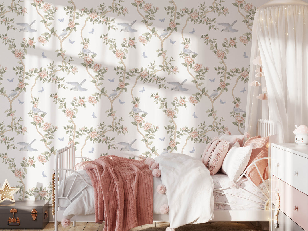 Le Tariche Chinoiserie Mural in Pastels and White | Floral Elegant Girl Nursery Wallpaper