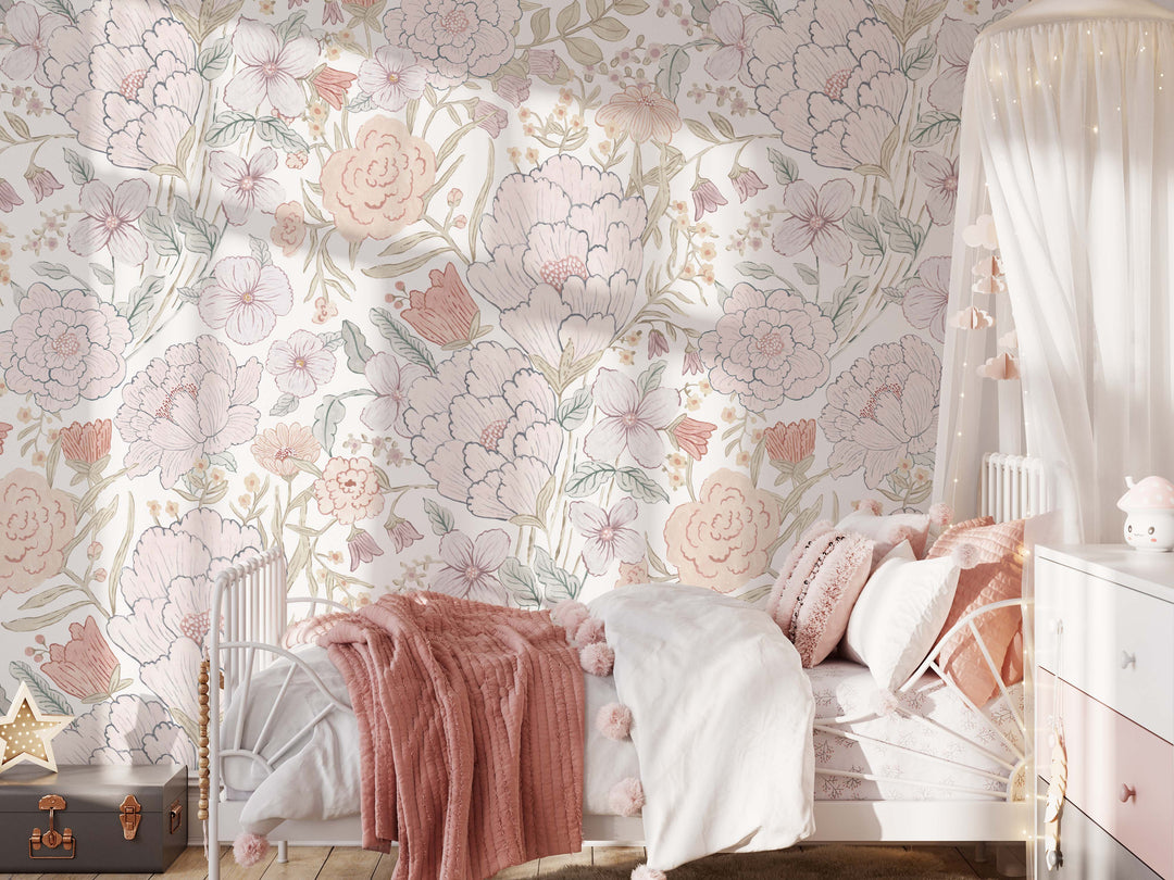 Romantic Meadow Mural | Large Scale Floral Bouquet Girl Nursery Wallpaper