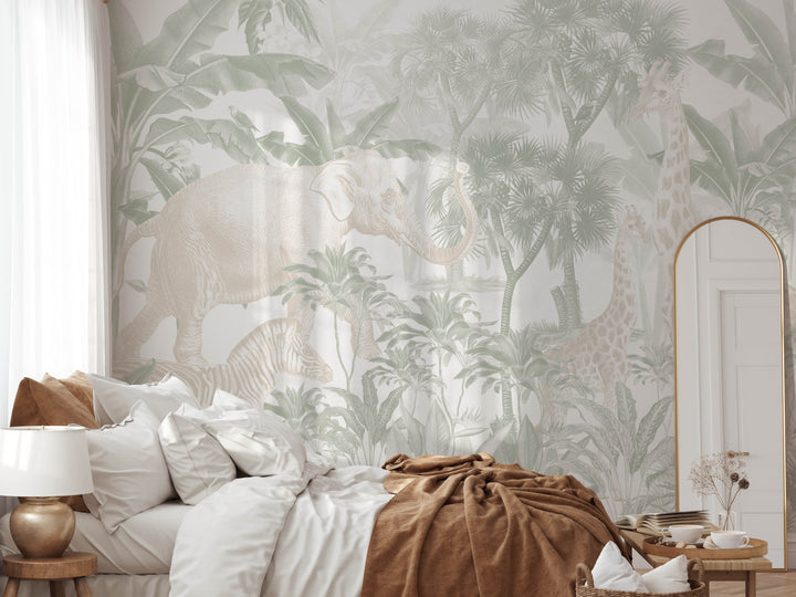 Antique African Jungle Mural in Sage and Cream