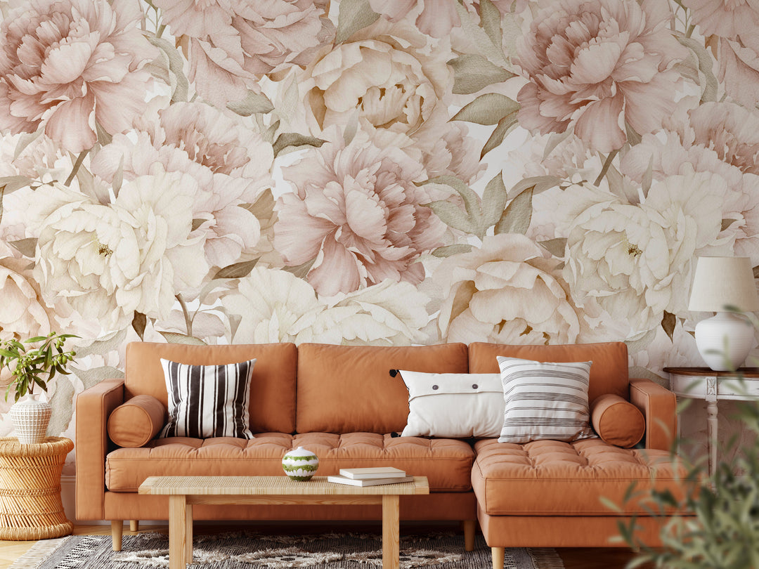 Boho Blush Watercolor Peony Bouquet Mural