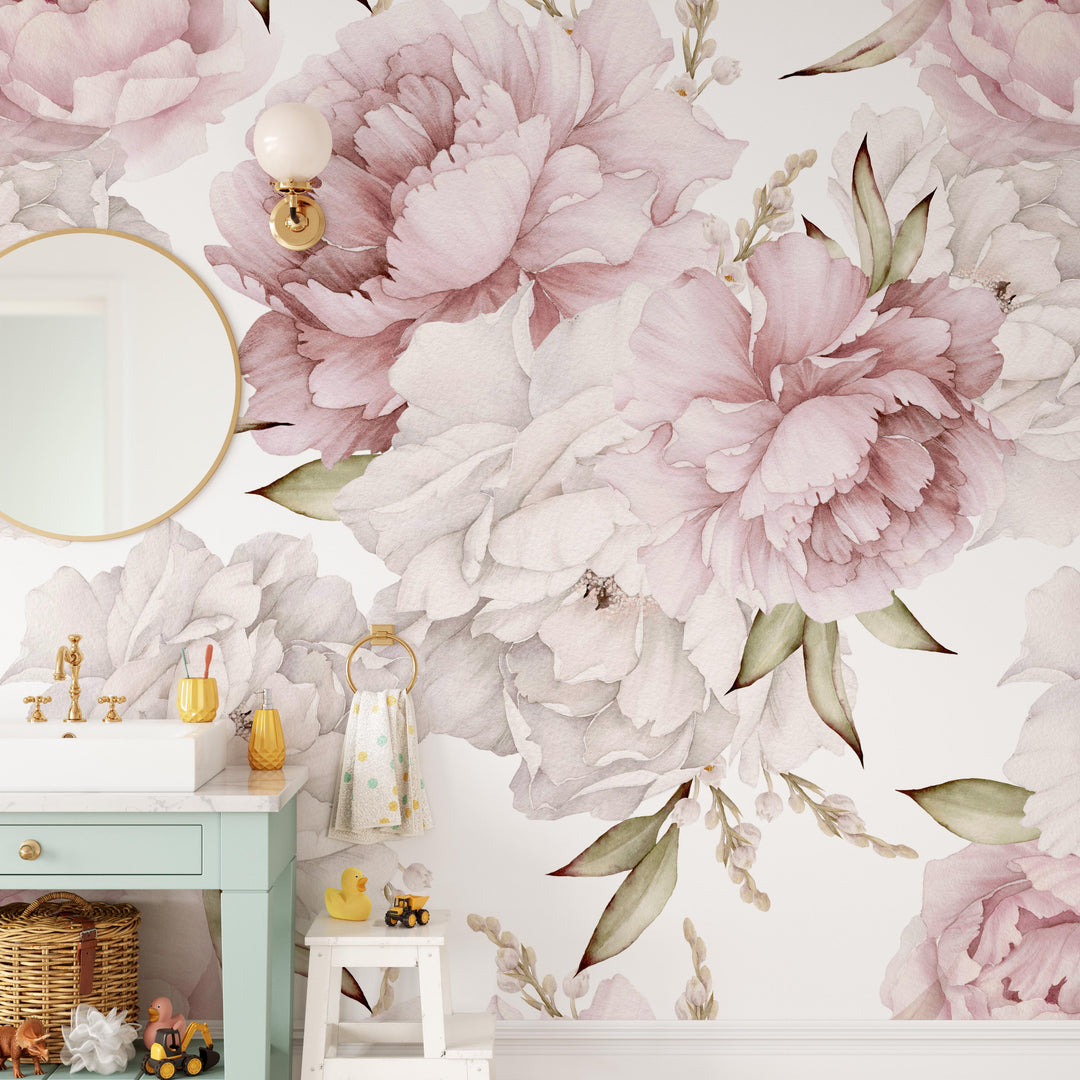 Sweet Pinky Peony Bouquet Mural | Large Scale Floral Bouquet Girl Nursery Wallpaper