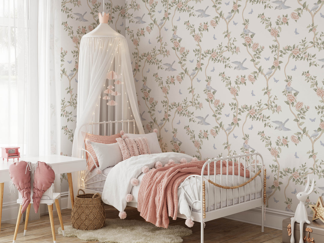 Le Tariche Chinoiserie Mural in Pastels and White | Floral Elegant Girl Nursery Wallpaper