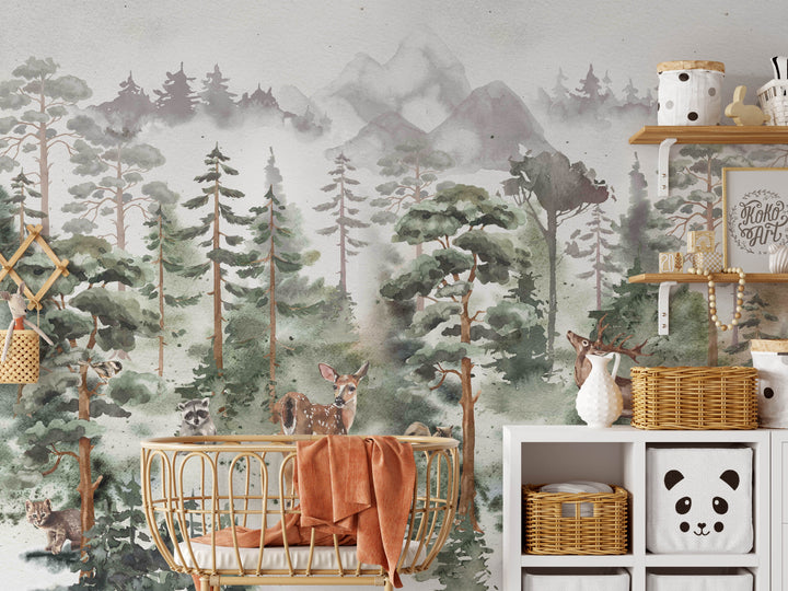 Deer Woodland Mural | Woodland Pines Forest Boys Girls Kids Nursery Wallpaper