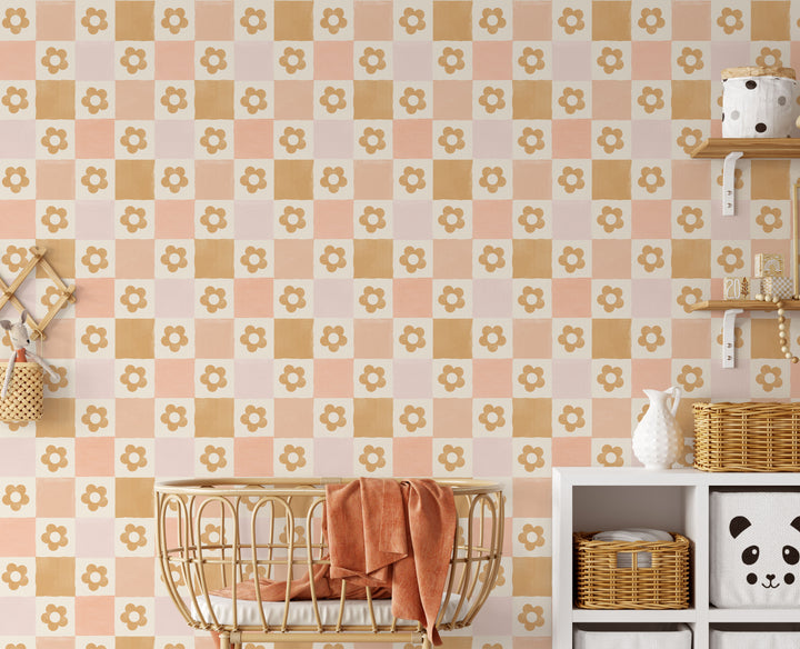 Boho Flower Checker Wallpaper