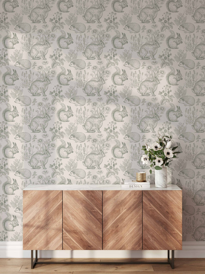 Whimsy Critters Wallpaper in Sage