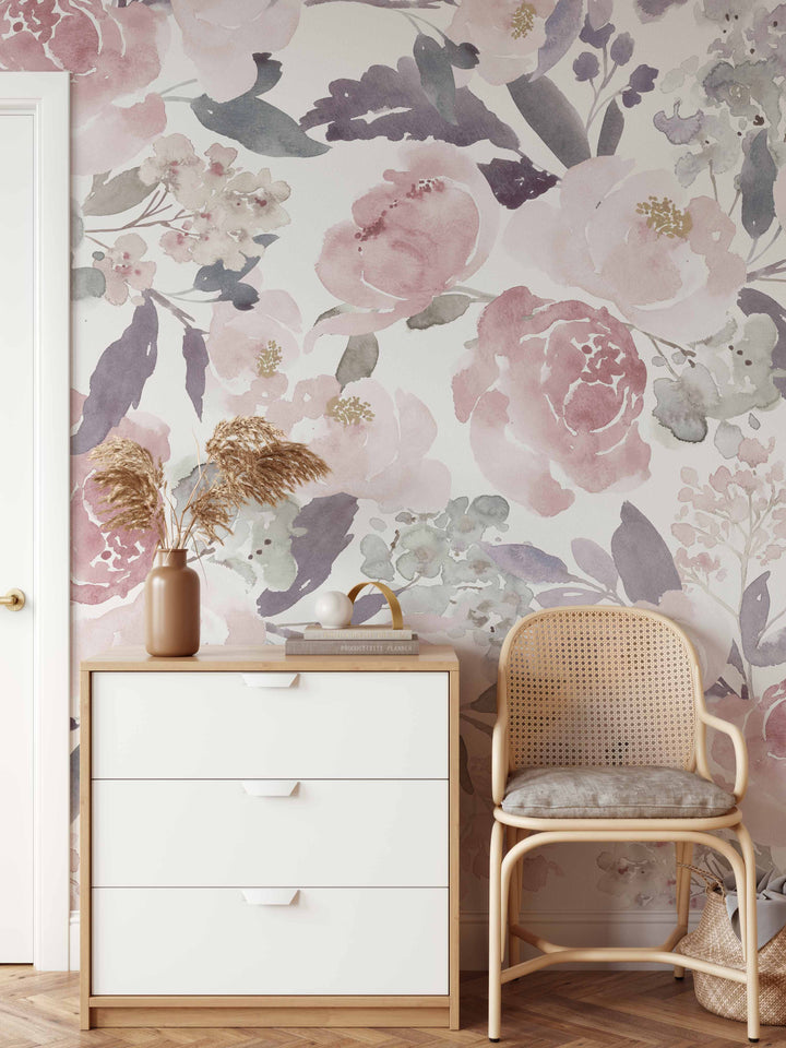 Josephine with Peonies Mural | Delicate Boho Floral Girl Nursery Wallpaper