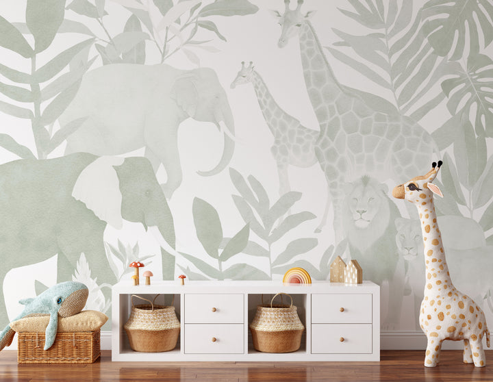 Safari in Sage Mural - Nursery Wallpaper, Modern African Jungle Animals for Boys Light Sage and White