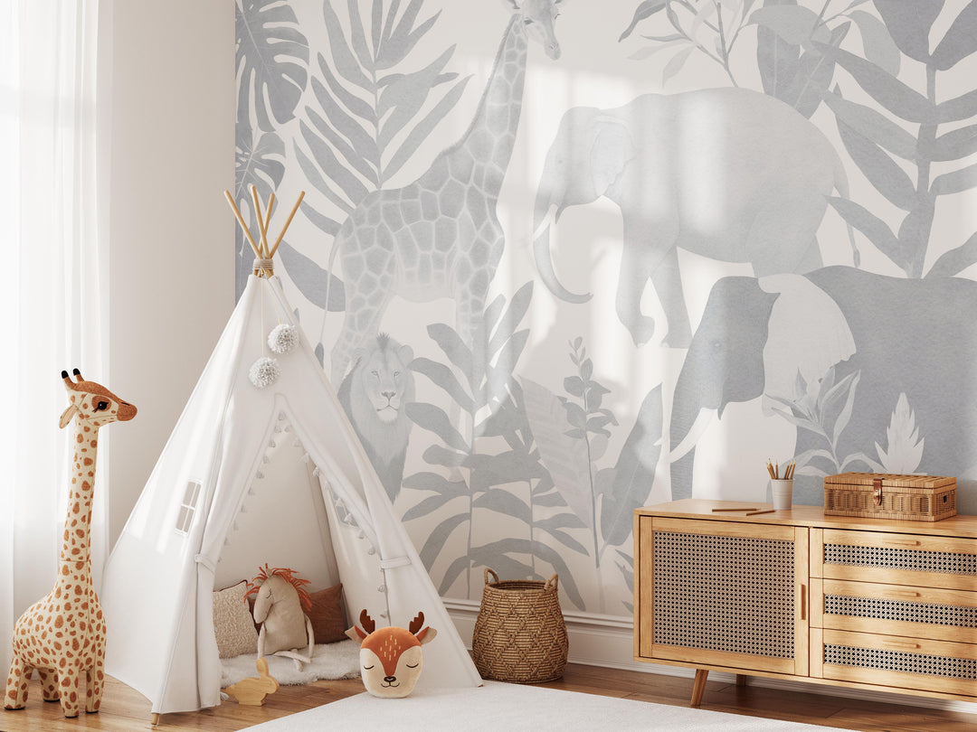 Safari in Blue Mural - Minimal Nursery Wallpaper, African Jungle Animals for Boys Light Indigo and White