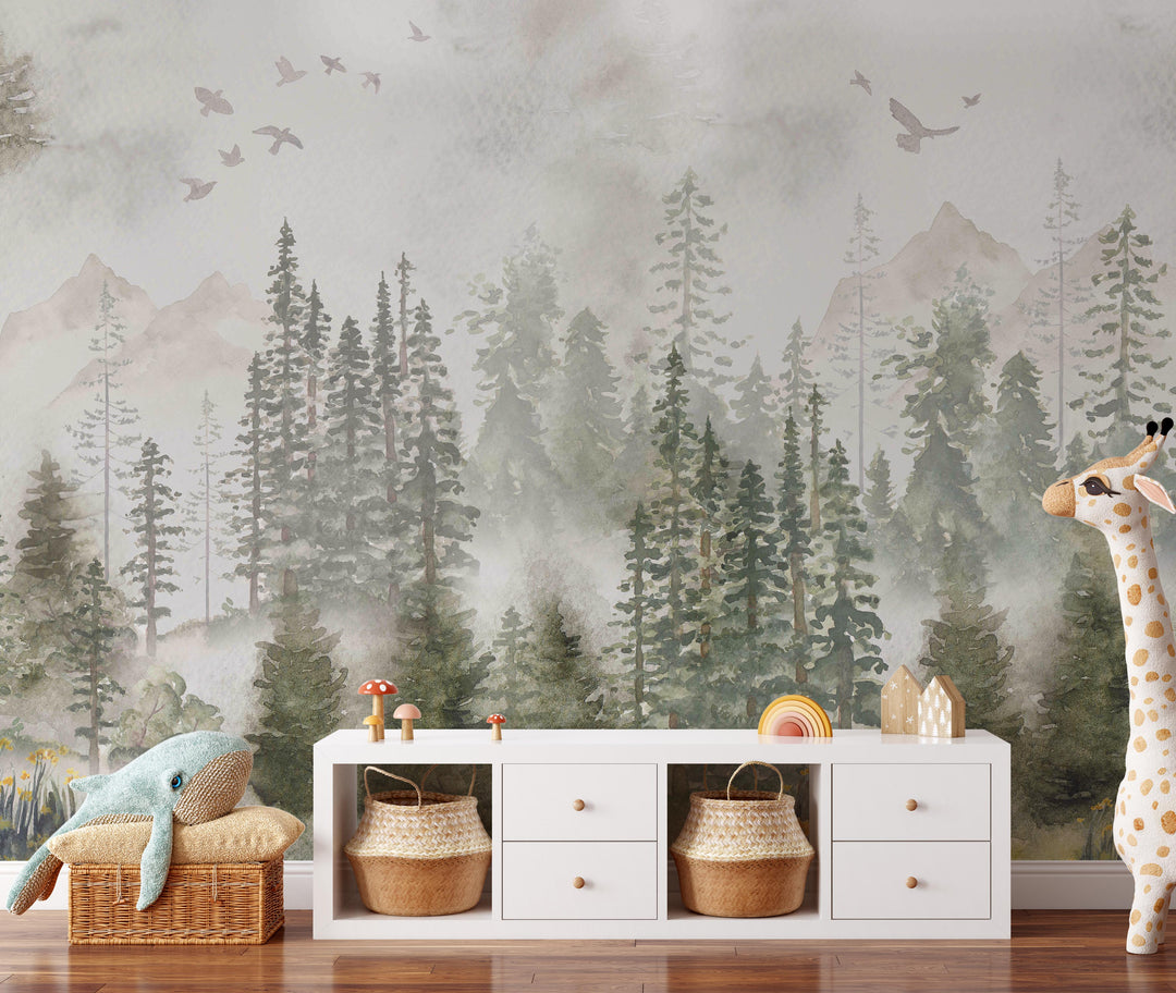 Winter Forest Mural | Woodland Pines Boys Kids Nursery Wallpaper