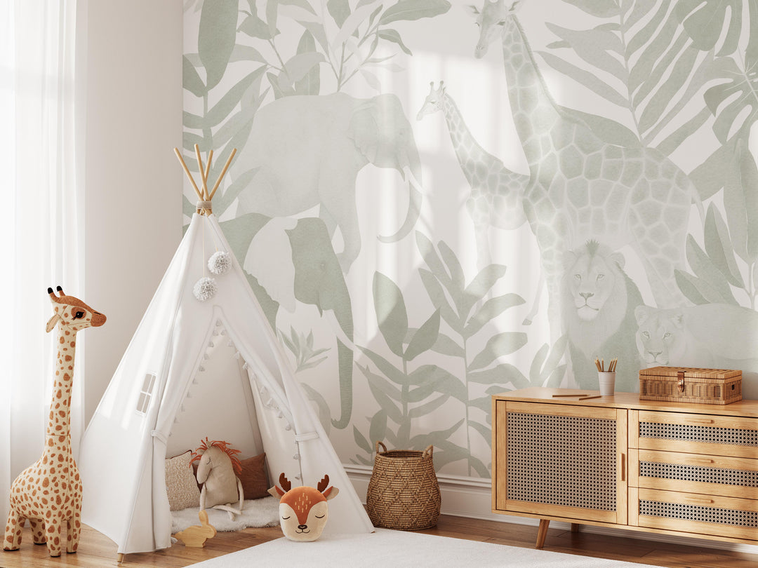 Safari in Sage Mural - Nursery Wallpaper, Modern African Jungle Animals for Boys Light Sage and White