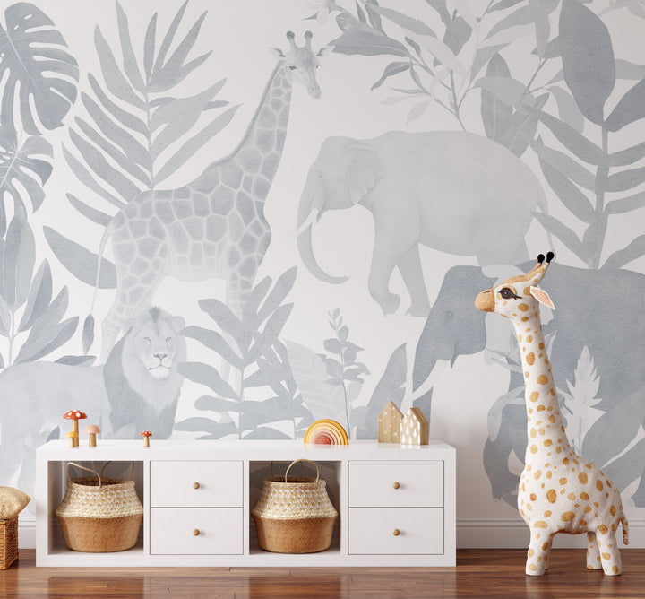 Safari in Blue Mural - Minimal Nursery Wallpaper, African Jungle Animals for Boys Light Indigo and White