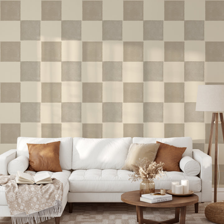 Neutral Tan Checkerboard Wallpaper