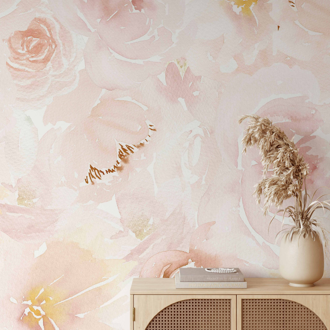 Soft Blush Watercolor Peony Mural