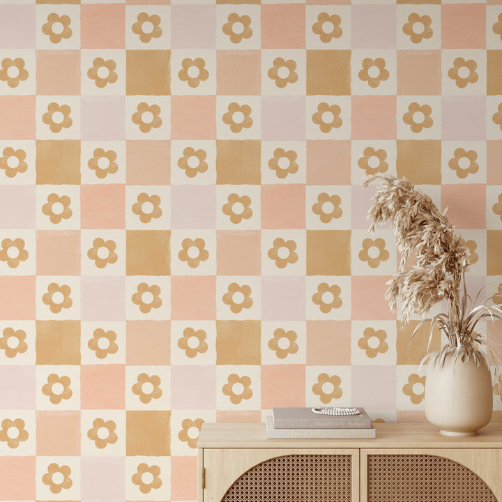 Boho Flower Checker Wallpaper