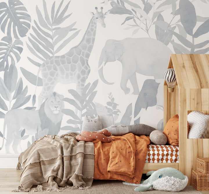 Safari in Blue Mural - Minimal Nursery Wallpaper, African Jungle Animals for Boys Light Indigo and White