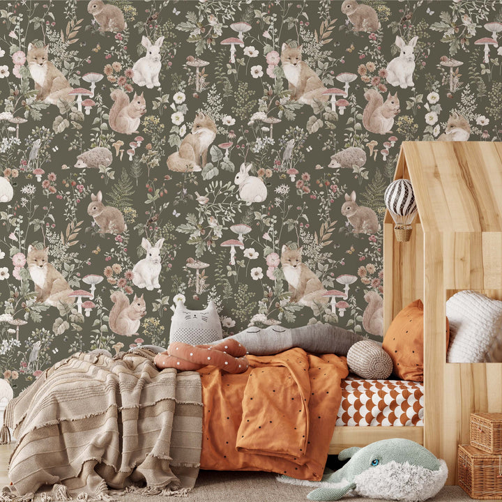 Forest Babies Mural  in Dark Olive